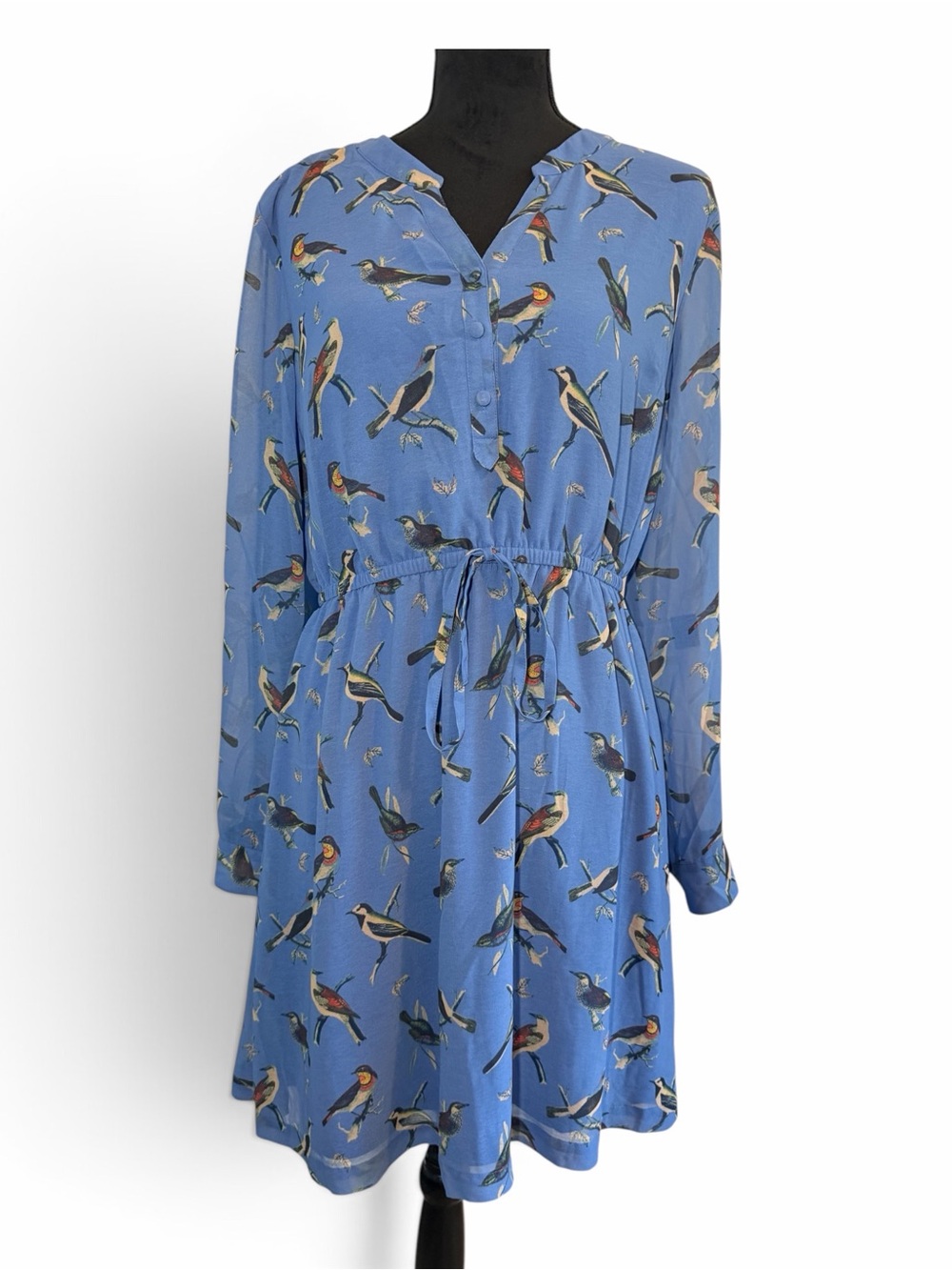 ModCloth Blue Bird-Print Drawstring Mini Dress Drop Waist Retro Boho